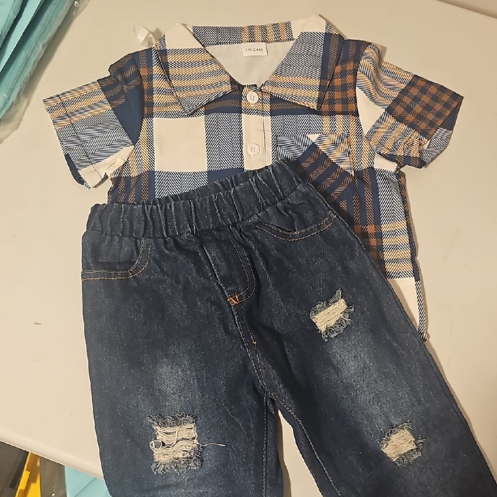 Plaid Shirt and Denim Pants Set
